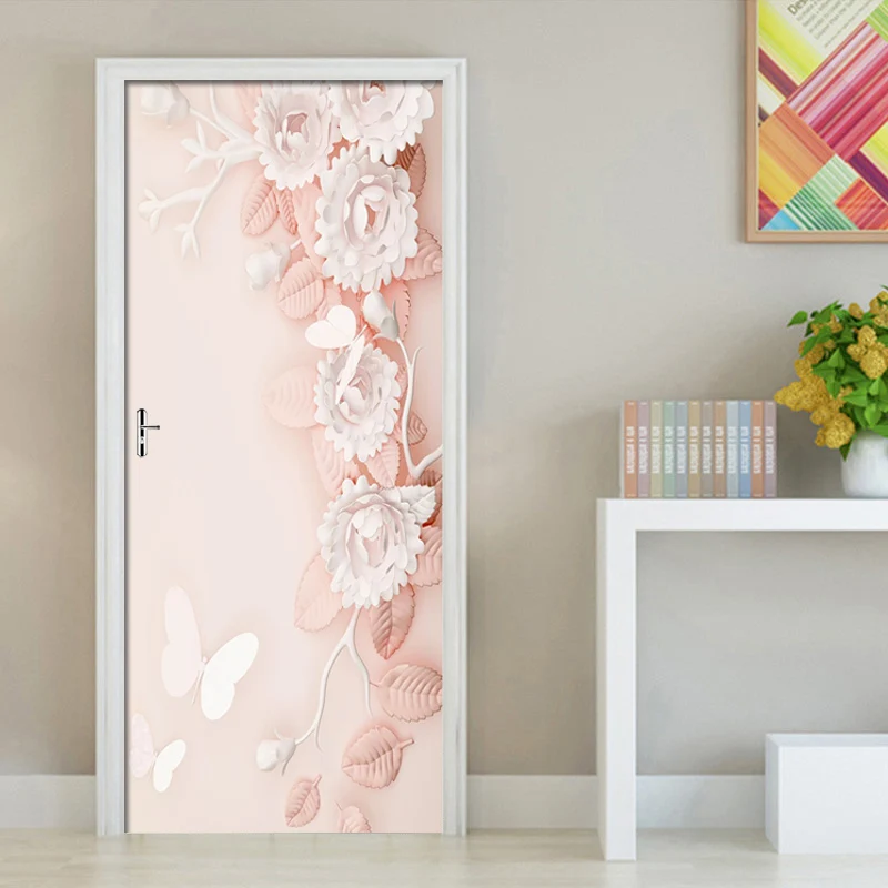 

Nordic Pink Embossed Flowers Door Stickers Mural PVC Self-adhesive Wallpaper Poster Living Room Bedroom Door Decor Decals Mural