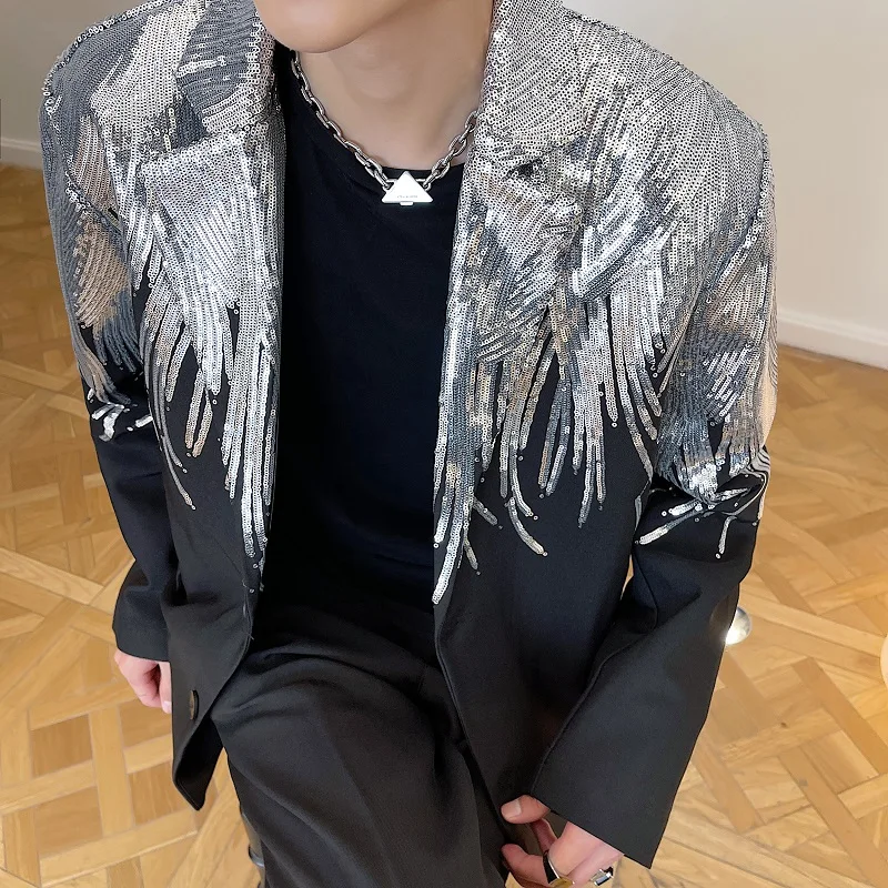 Oversize Loose Casual Blazers Men\'s Star Singer Concert Stage Silver Sequins Suit Coat Plus Size Performance Costume Jackets