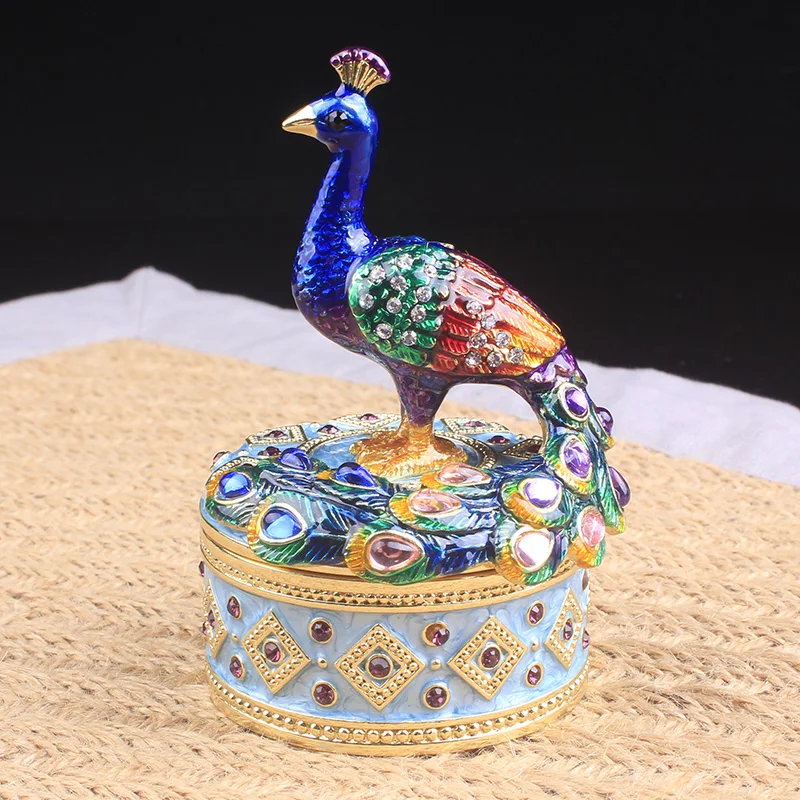 Ring Jewelry Peacock Art Lovely Crafts Decoration Metal Ornaments Enamel Storage Box Container Creative Gifts Room Modern