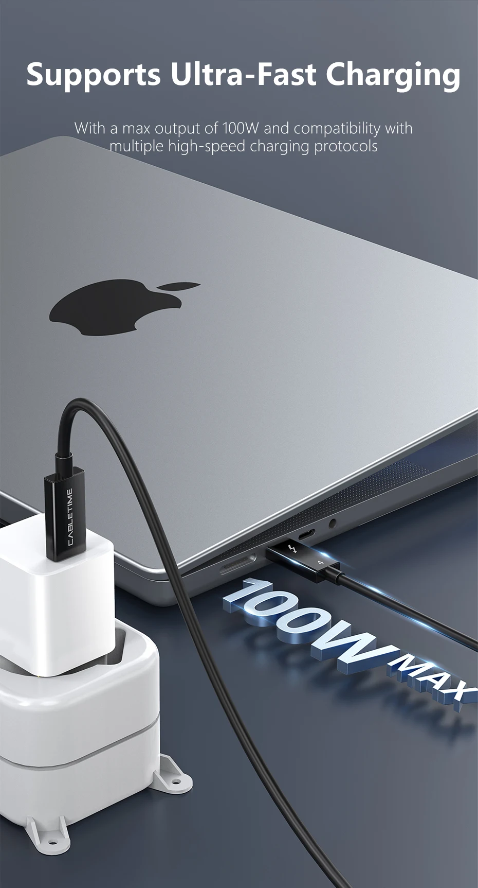 CABLETIME Thunderbolt 4 USB-C-Kabel Typ C 8K 60 Hz PD100W 40 Gbit/s kompatibles USB-4-Kabel für MacBook Dell Laptop Intel – Detail 9