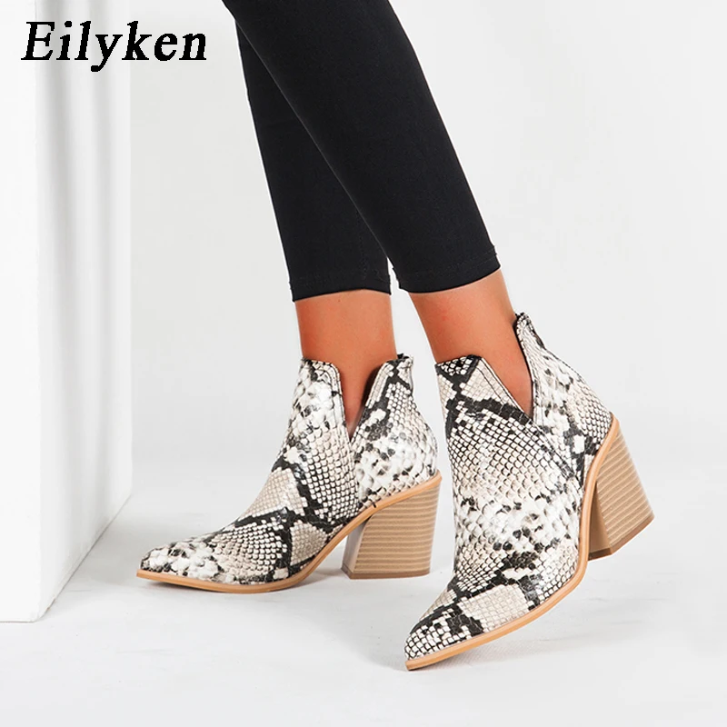 EilyKen Autumn Winter Casual Western Cowboy Ankle Boots Women Snake Cowgirl Booties Short Cossacks Botas High Heels Shoes