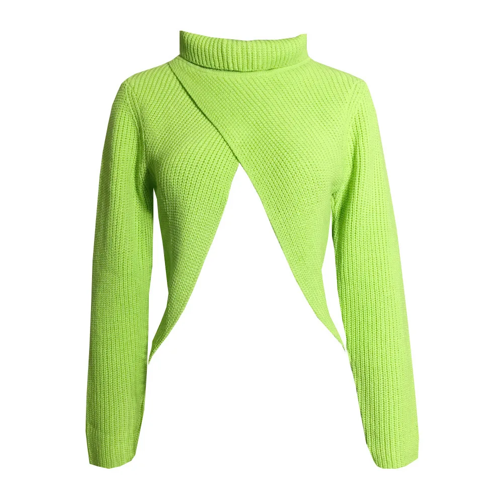 Women\'s Neon Sweater Autumn Winter Female\'s Turtleneck Cross Bare Midriff Fashion Knitted Shirts Ladies Fluorescent Top Jumpers