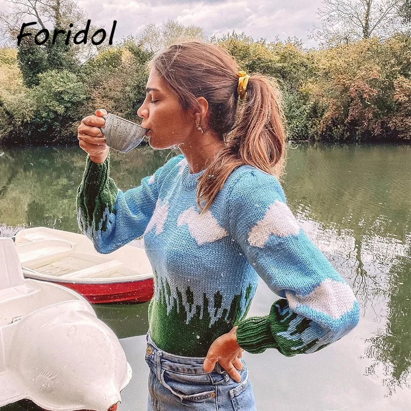 Foridol mohair vintage blue cloud sweater pullovers women lantern sleeve oversized cropped jumper 2024 short casual pull femme