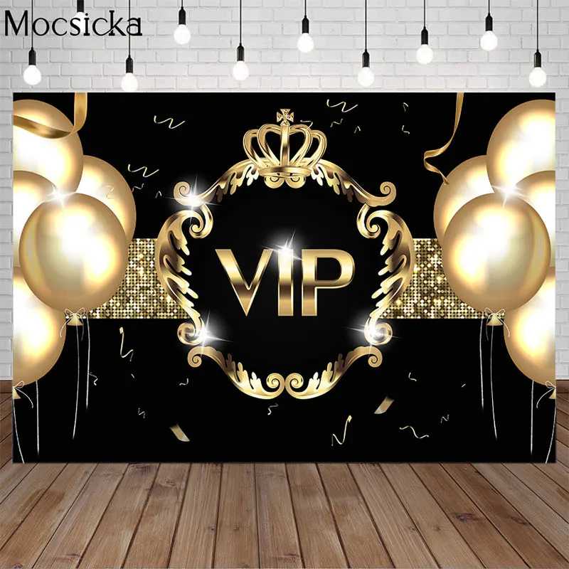 Mocsicka VIP Birthday Backdrop Golden Balloon Glitter Royal Crown Aldult Party Banner Decor Photo Background Photocall