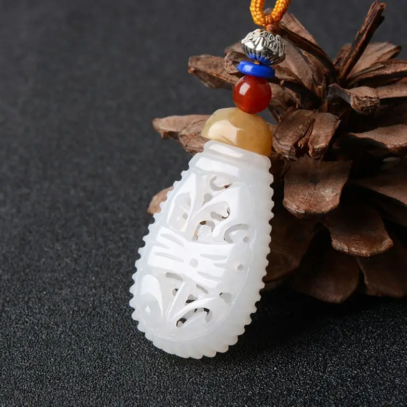 Wonderful White jade hollow out sachet Pendant jadite Carven Lucky Amulet Necklace He Tian Yu