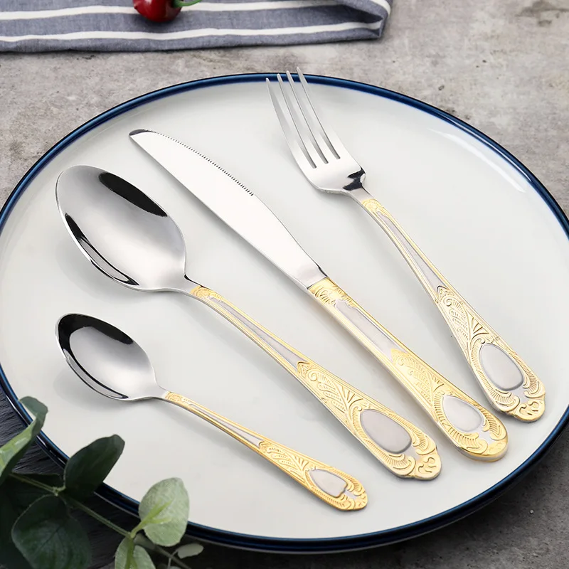 Dropshipping Stainless Steel Dinnerware Vintage Carved Tableware Western Dinner Spoons Forks Knife Hotels Home Kitchen Utensils