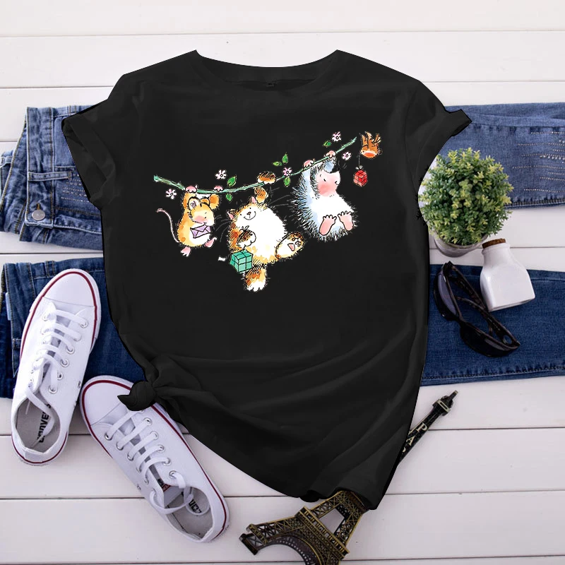 

Short-Sleeved Black Tee O-Neck T-Shirt Ladies Clothing T-Shirt Popular Female Tee-Shirt Funny Cartoon Pattern Women Tshirt