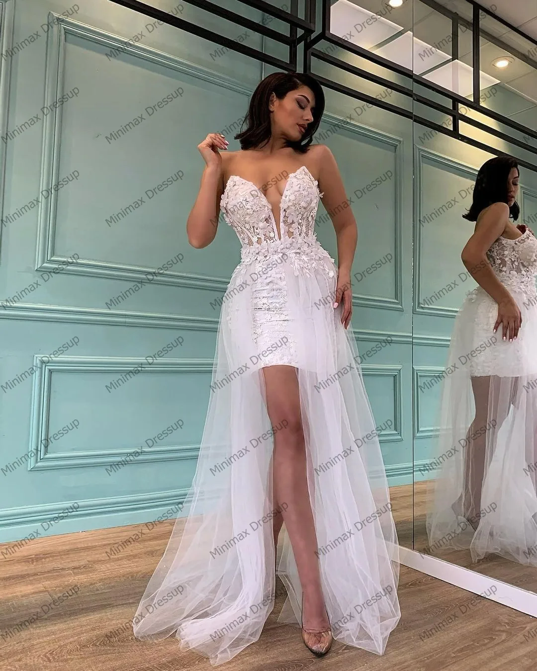 Sexy Diepe V-hals 3D Bloemen Schede Trouwjurk Charmant Mouwloos Kant Applicaties Tule Bruidsjurken Vloerlengte Custom Made