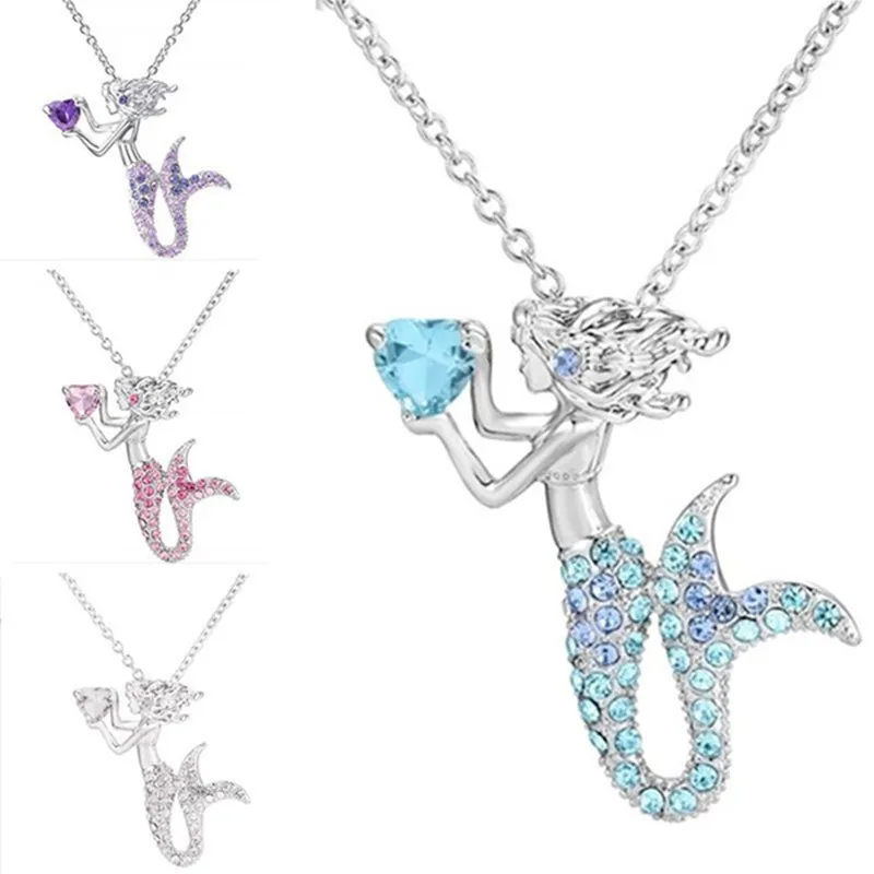 New Necklaces for Women Jewelry Mermaid Tail Full Blue Purple White Crystal Clavicle Chain Pendant Necklace Female Birthday Gift