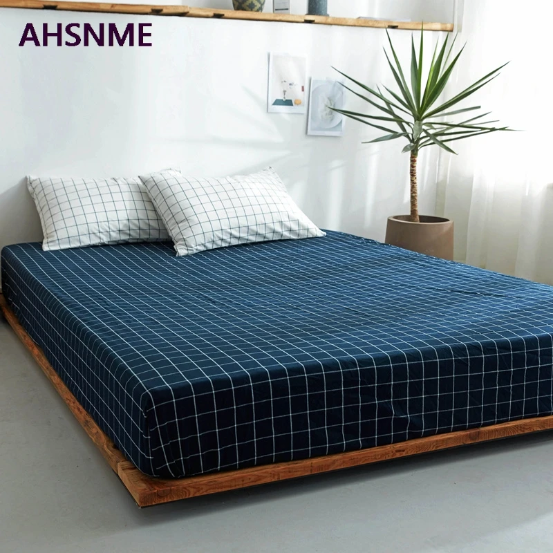 AHSNME Dark Blue Plaid 100% Cotton sheets Super Soft parure de lit Cool Summer Simple Water Fitted Sheet 150/200/180/200cm