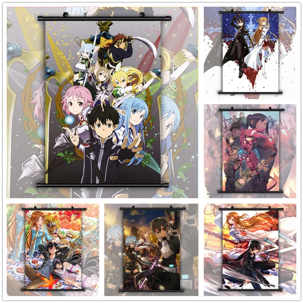 Wall Decor Posters Wall Art Print Pictures Sword Art Online Asuna Kirito Anime Canvas Painting for Kids Home Decoration No Frame