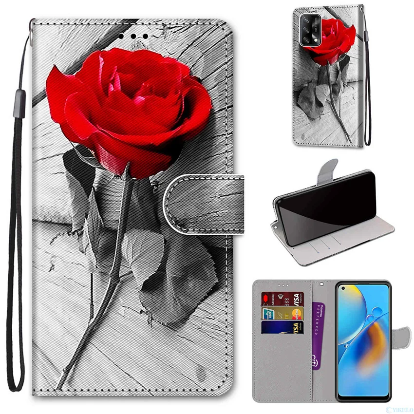 Leather Flip Phone Case For OPPO A53 A53S A54 A74 5G A15 A15s A52 A92 Wallet Card Holder Stand Book Cover Cat Flower