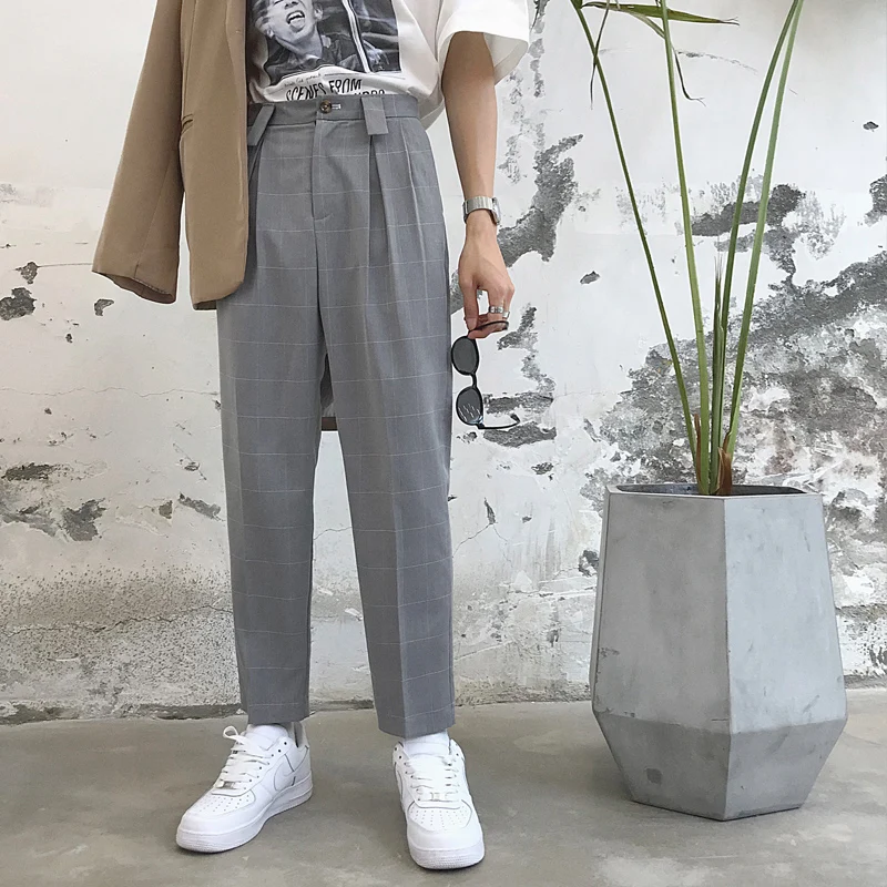 

Men Black Gray Pink Fashion Casual Plaid Suit Pant Male Streetwear Hip Hop Straight Pants Loose Harem Trousers