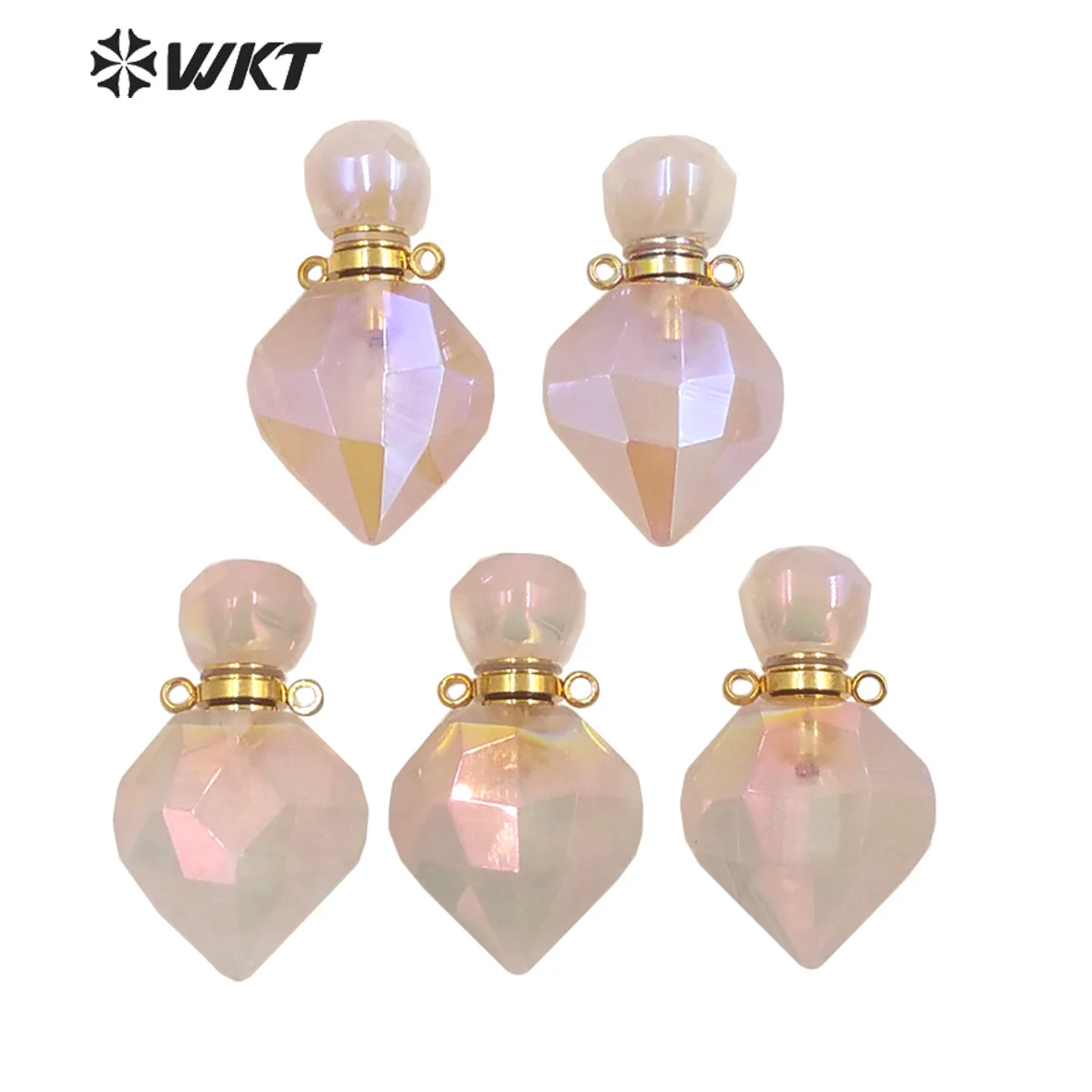 WT-P1712 Wholesale Fashion gold women popular Aura pink quartz perfume bottle Elegant Small drop shape essencial oil bottle