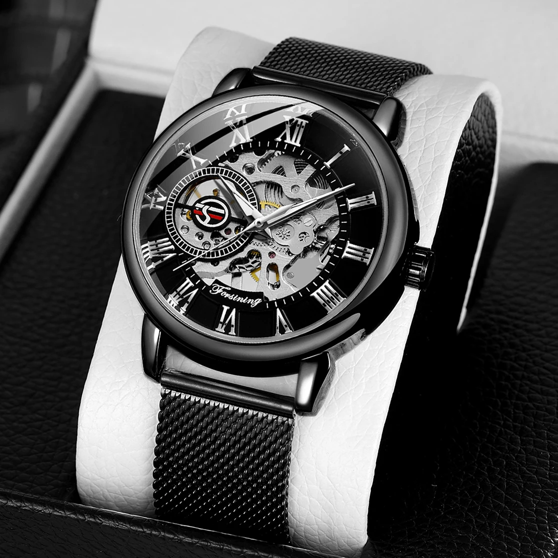 Forsining Top Brands Mechanical Men\'s Watches Waterproof Skeleton Hollow Out Stainless Steel Strap Men Watch Fashion Wristwatch