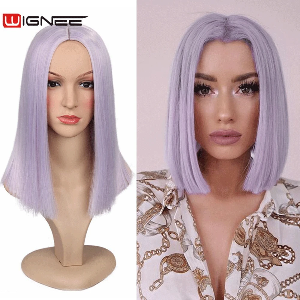 Wignee Synthetische Perücke Mittelteil Kurz Gerade Haar Reine Licht Lila für Frauen Hohe Temperatur Täglichen/Partei/Cosplay haar Perücken