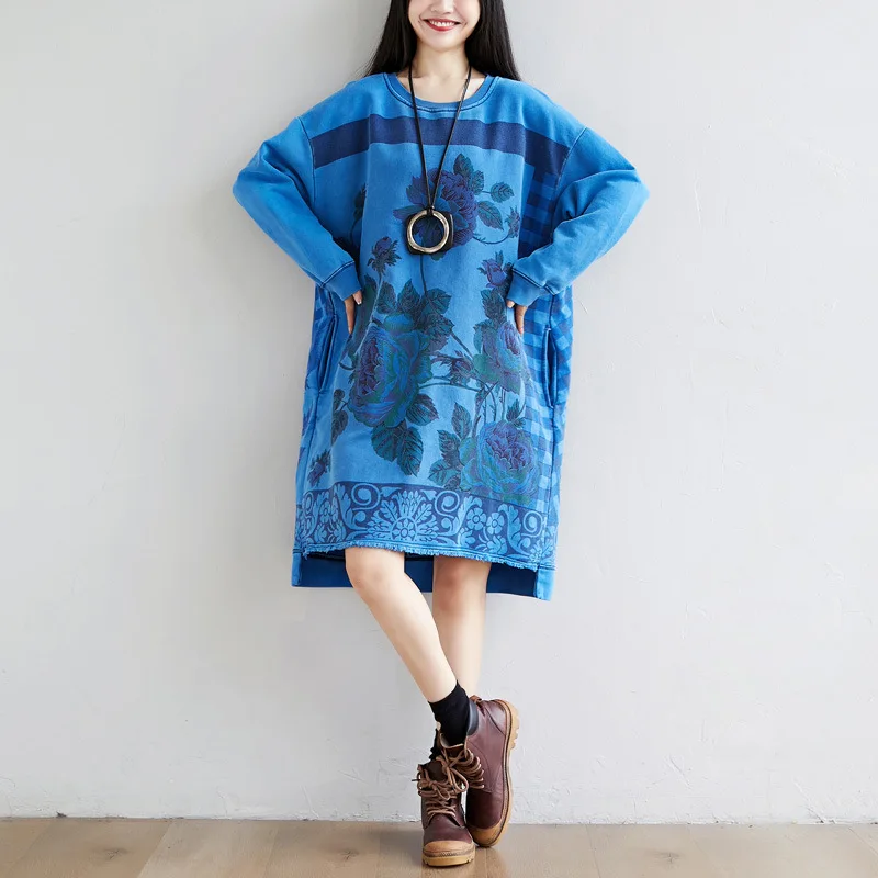 Hoodie Dress Women Oversized Loose Autumn 2020 Fashion Print Long Sweatshirts Irregular Tear Hem Pockets Vintage Pink Green Blue