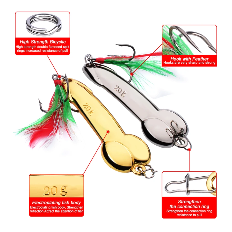 1PCS 5g 10g 15g 20g 28g 35g 43g 50g Metal Spoon Spinner Penis Fishing Lure with Hooks Sequin Lure Artificial Bait Hard Baits