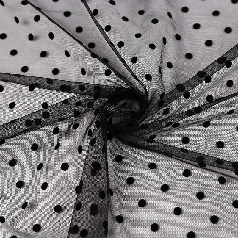 150cm Wide White Black Flocked Polka Dots Mesh Tulle Fabric High Quality Bridal Dress Wedding Decoration Puffy Skirt Net Fabric