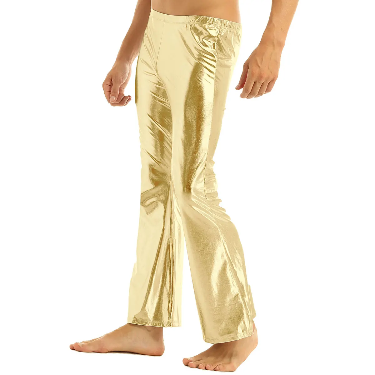 Erwachsene Mens Shiny Metallic 70er Disco Hosen mit Bell-Bottom-Hose Ausgestelltes Glocke Hosen Ausgestelltes Lange Hosen Geck Kostüm Clubwear