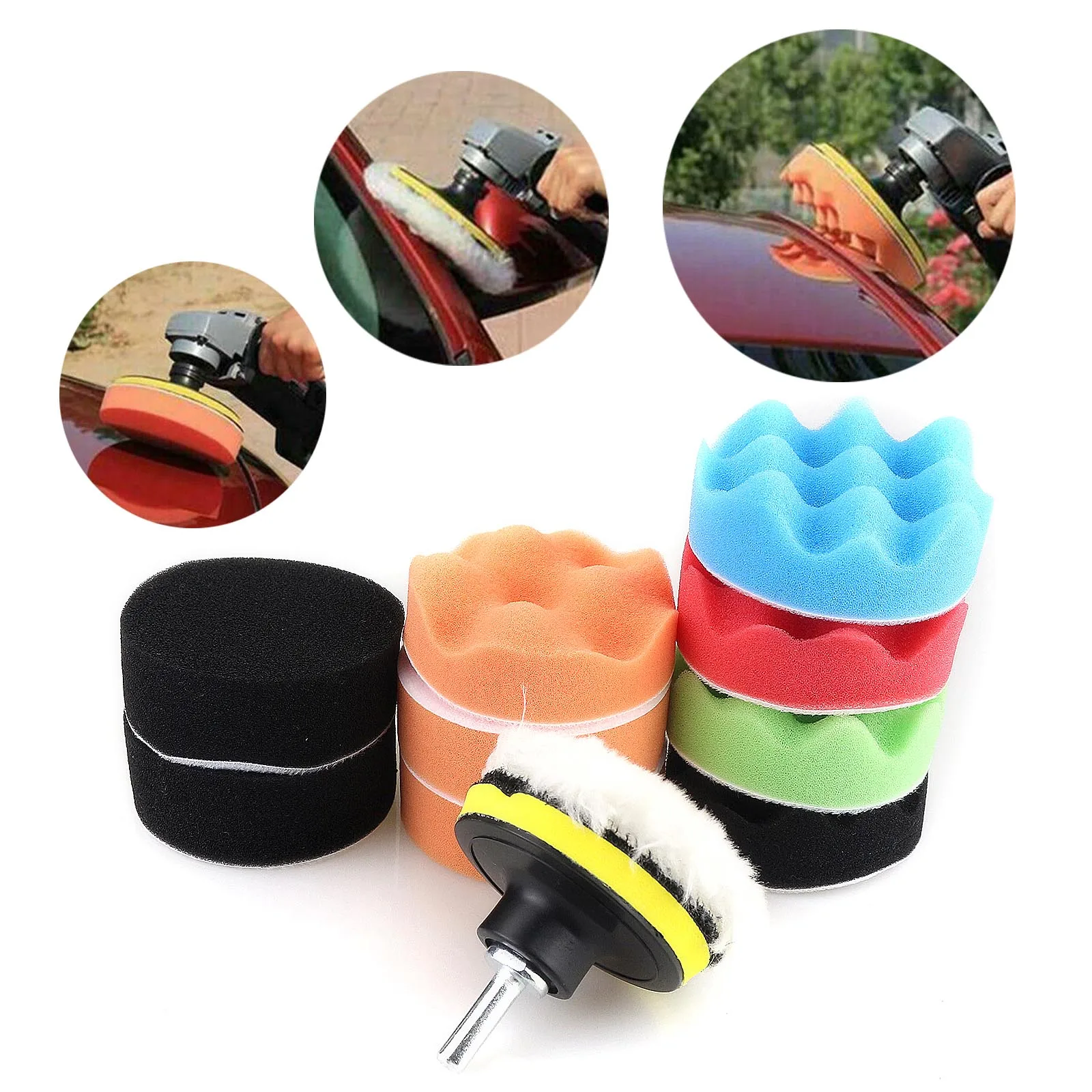 

12pcs 3 Inch Car Sponge Buffing Polishing Pad Kit Set Polisher W/ Drill Adapter Brush