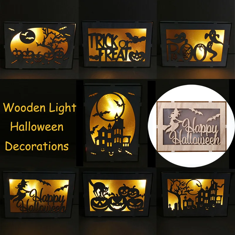 

Wall Door Hanging Pendent DIY LED Halloween Decoration Light Wooden Pumpkin Castle Ghost Witch Garden Plaque Sign Party Ornament