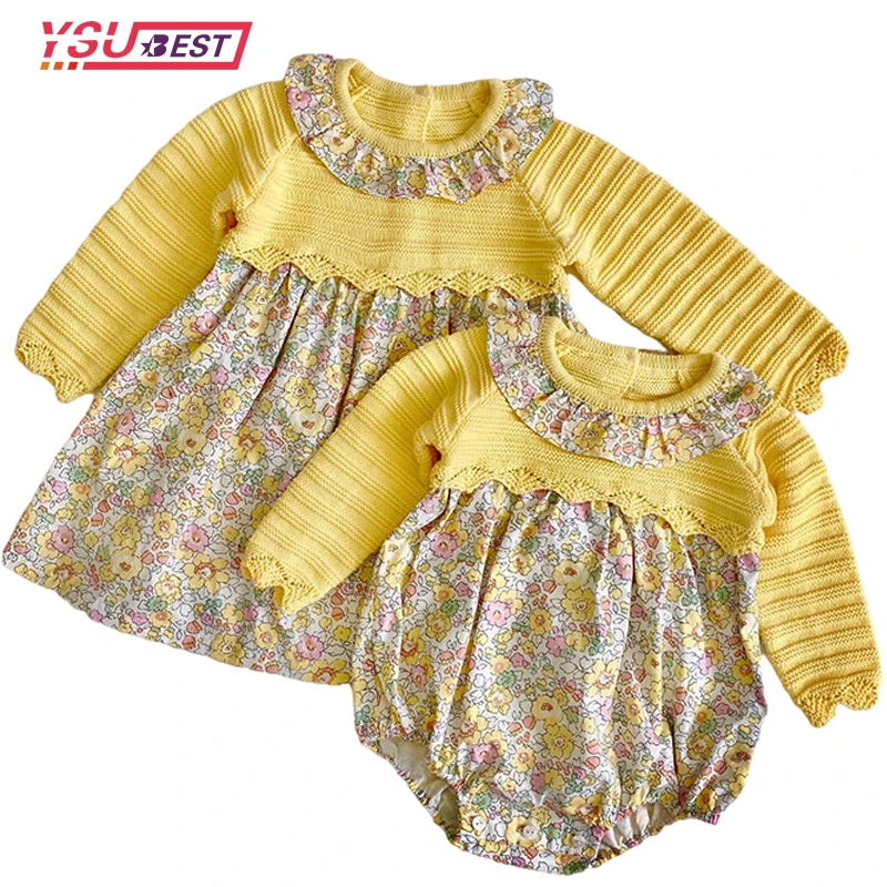 2021 Sisters Clothes Girls Knitted Rompers Kid Sweaters Autumn Baby Girls Cute Flowers Dress Baby Child Knitted Rompers Outwear