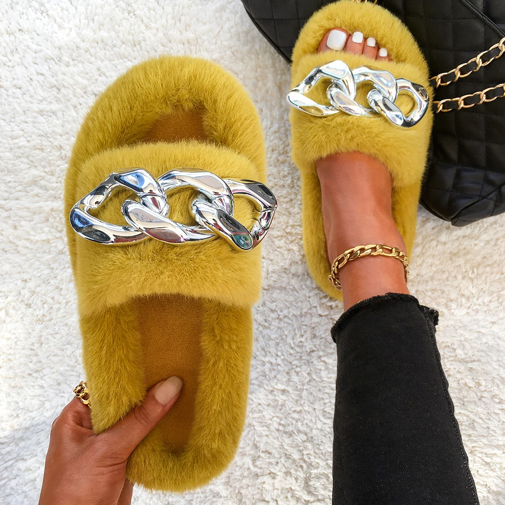 Women Sandals Plush Slippers Ladies Fashion Chain Decoration Faux Fur Flip Flops Fluffy Soft Furry Slides Summer House Slippers