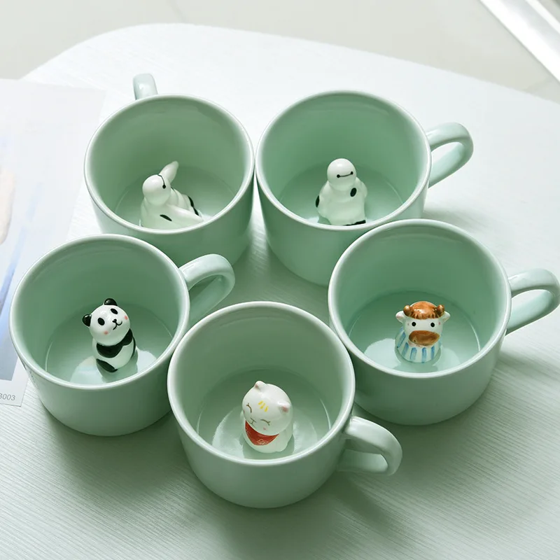 230ml Ceramic Coffee Mug 3D Hand-painted Animal Milk Cup with Cartoon Animal Tea Mugs Reusable Celadon Latte Mug Creative Gift