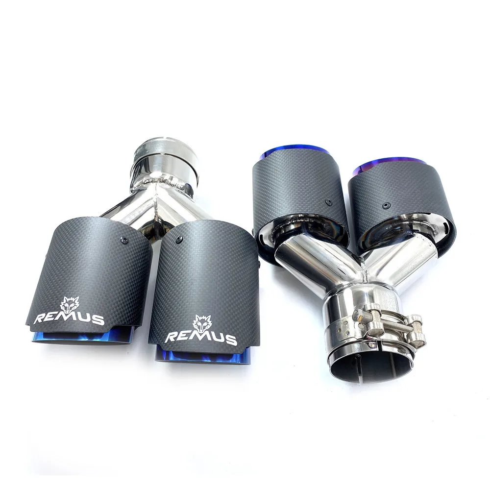 1 Pair Matt Carbon Fiber +Blue Dual Stainless Steel Universal Exhaust End Pipe + Carbon Car Exhaust tip For Remus Muffler