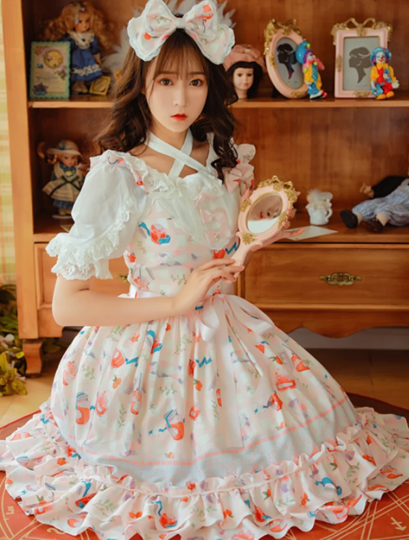 

Sweet princess lolita dress vintage falbala high waist printing victorian dress palace kawaii girl gothic lolita jsk loli