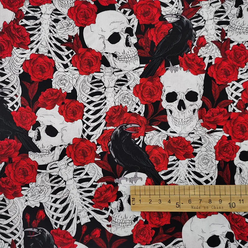 

Fashion Skull Fabric Cotton Fabric Patchwork Red Rose/White Skull/Crow Print Fabric Patchwork Sewing Material DIY Clothing Dress