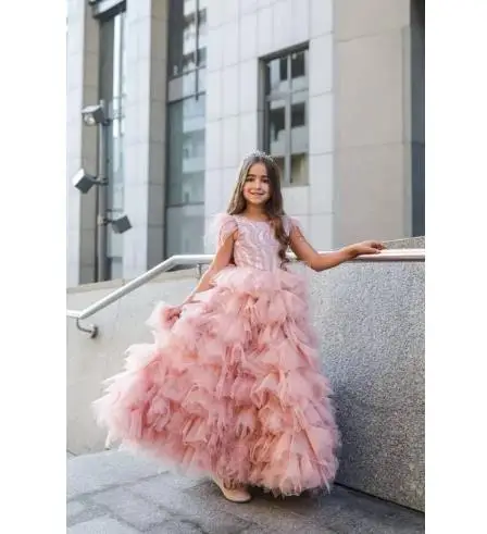 Peach Long Flower Girl Dress for Wedding Lace Up Back Backless Princess Pageant Party Gowns 1-14Y