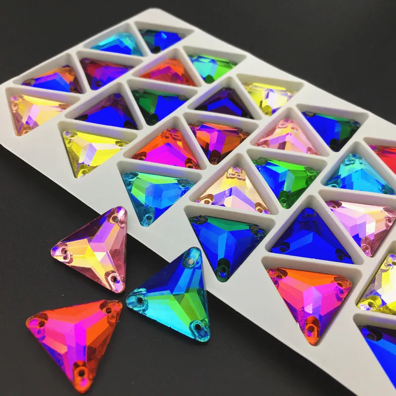 ALL Size All AB Color Sew on Rhinestone tri-angle colorful Glass Crystal Flatback Triangular Sew on Stone for wedding dress