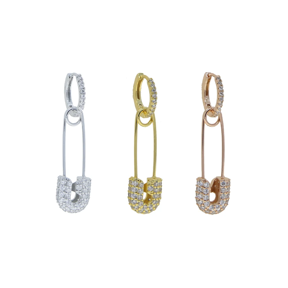 Micro Pave CZ Safety Pin Charm Dangle Drop Earring 3 Colors Two Way Wear Fashion Women Jewelry