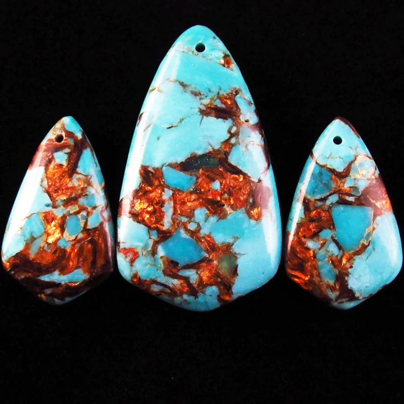 Gorgeous Intriguing Fashion 3pcs Blue Turquoises & Gold Copper Bornite Stones Inverted Triangle Teardrop pendant bead DHS21