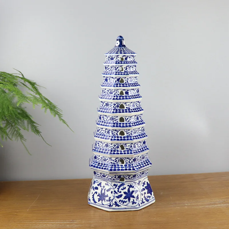 Qing Dynasty Blue And White Step By Step To Rise Tangled Lotus Porcelain Linglong Pagoda