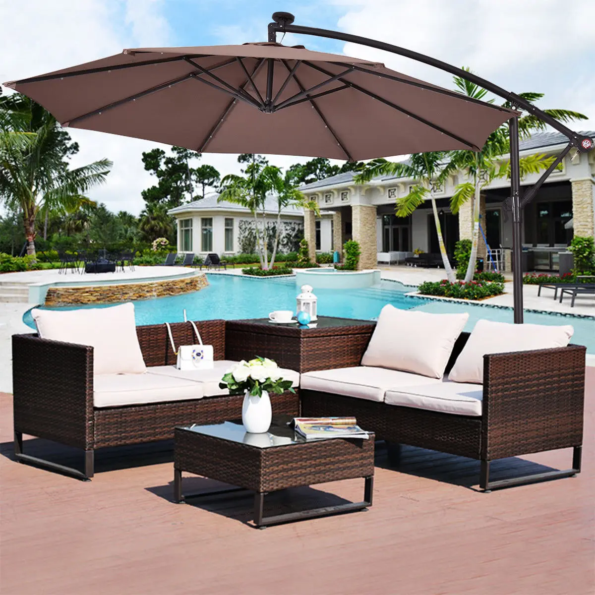 Costway 10' Hanging Solar LED Umbrella Patio Sun Shade Offset Market W/Base Tan OP3154TN