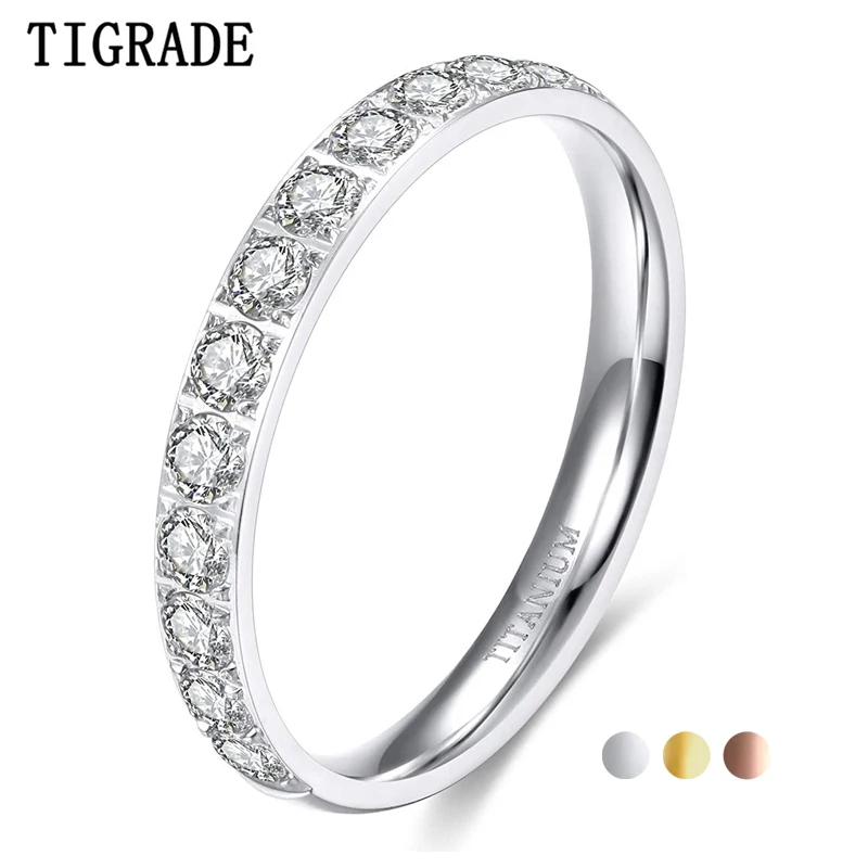 TIGRADE 3mm Womens Titanium Eternity Rings For Women Half Cubic Zirconia Statement Wedding Engagement Band Girls/ Mom Gift