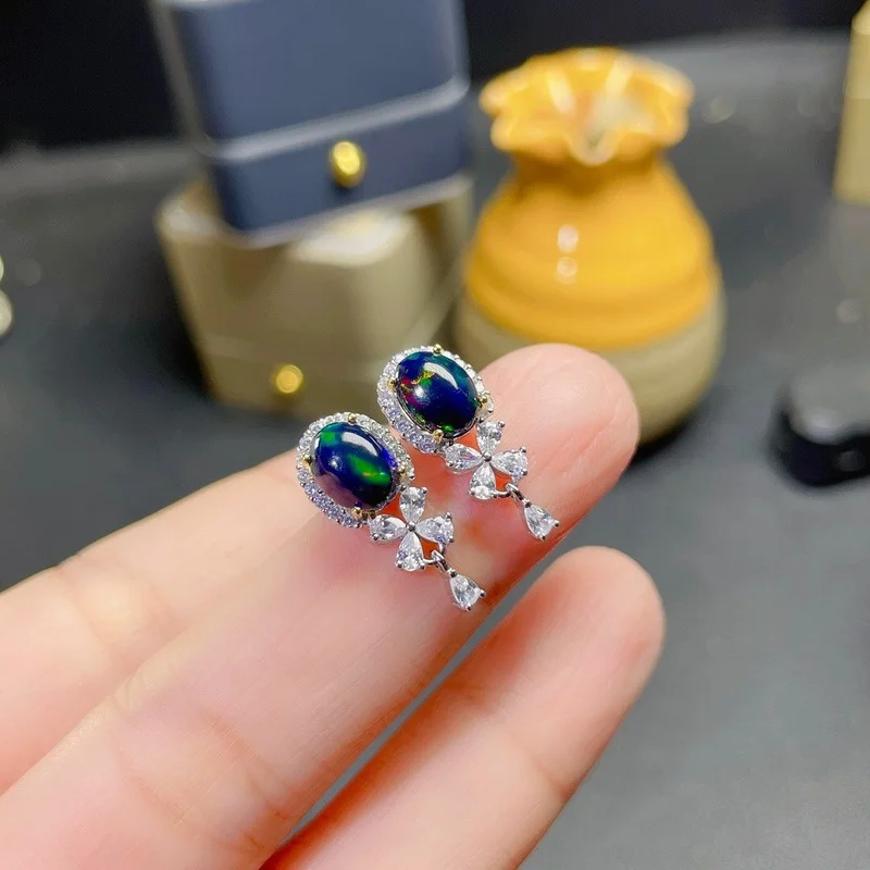 Special Offer New Natural Black Opal Earrings, Simple Style, 925 Sterling Silver, Hot Sale