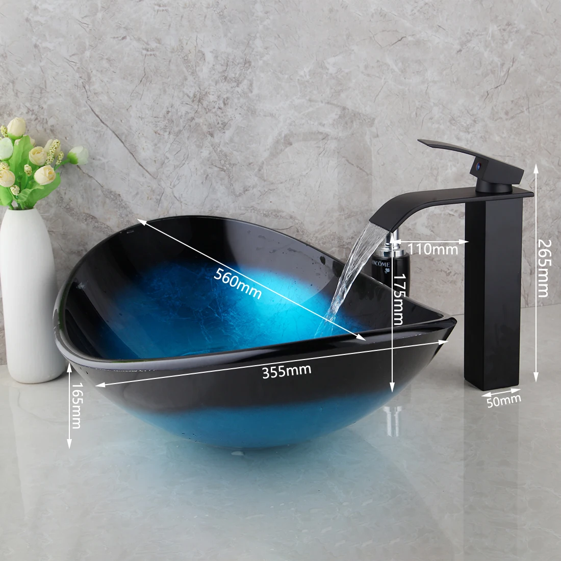 KEMAIDI Tempered Glass Basin Sink Faucet Combo Washbasin Sinks with Black Waterfall Faucets Vessel Sink Above Counter Basin