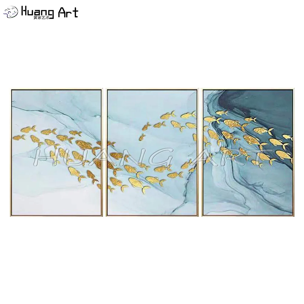 

Ink Style Abstract Handmade 3pcs Abstract Group Oil Paintings on Canvas for Decor Gold Foil Fish Swimming in the Water Wall Art