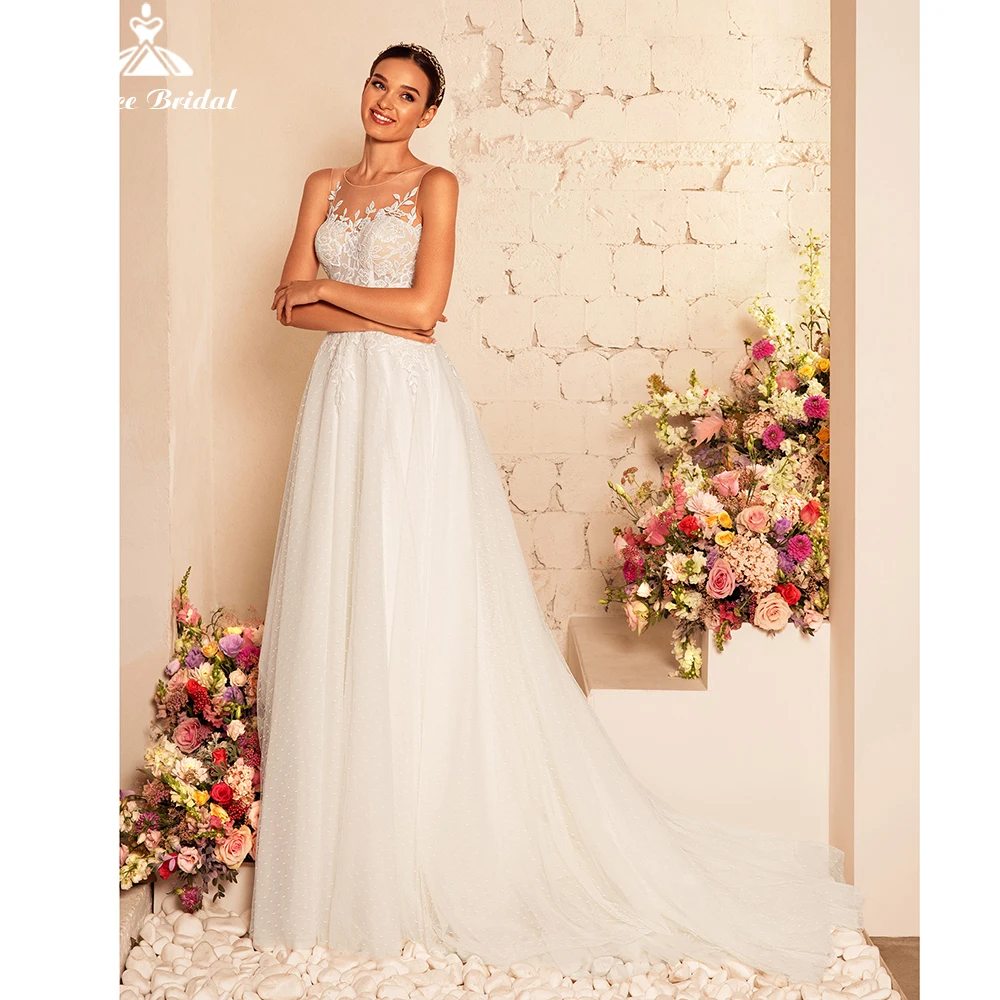 Bohemian stilvolle Hochzeit Kleid Sweep Zug EINE Linie Ärmellose Tüll Weiß Brautkleid Für Frau Einfache Robe De Mariage