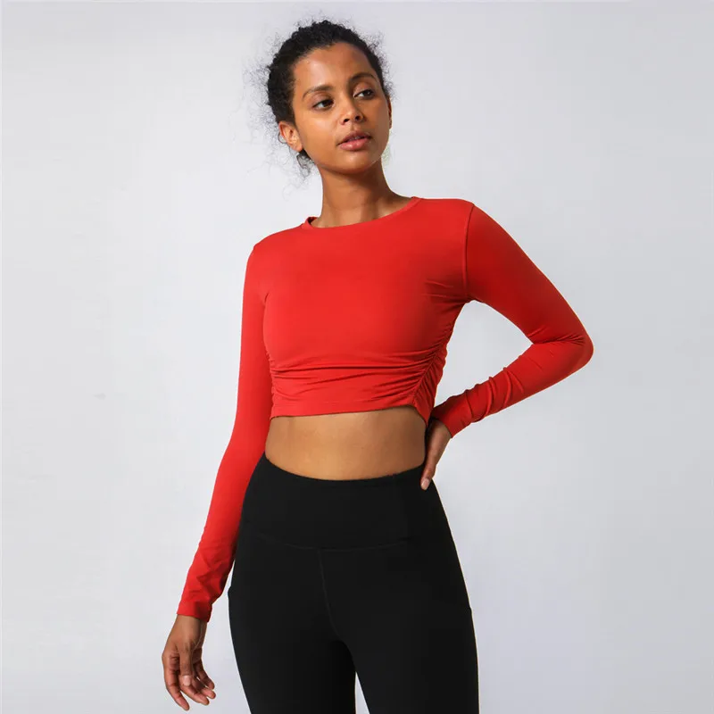 Solid Color Design Fitness Women Yoga Shirt Short Sport Top Soft Round Neck Yoga Long Sleeves Athletic Tight Workout Gym Clothe