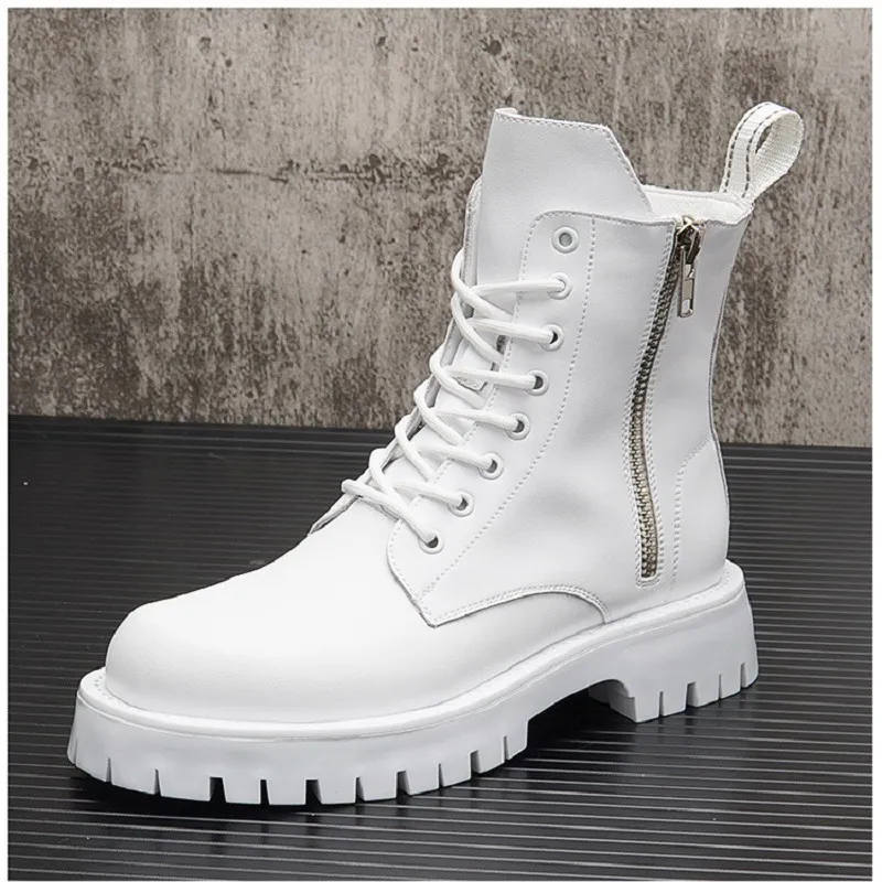 British Fashion Mens White Chelsea Boots Trending High Top Male Height Increasing Platform Short Mid Calf Motorcycle Botas 38-44