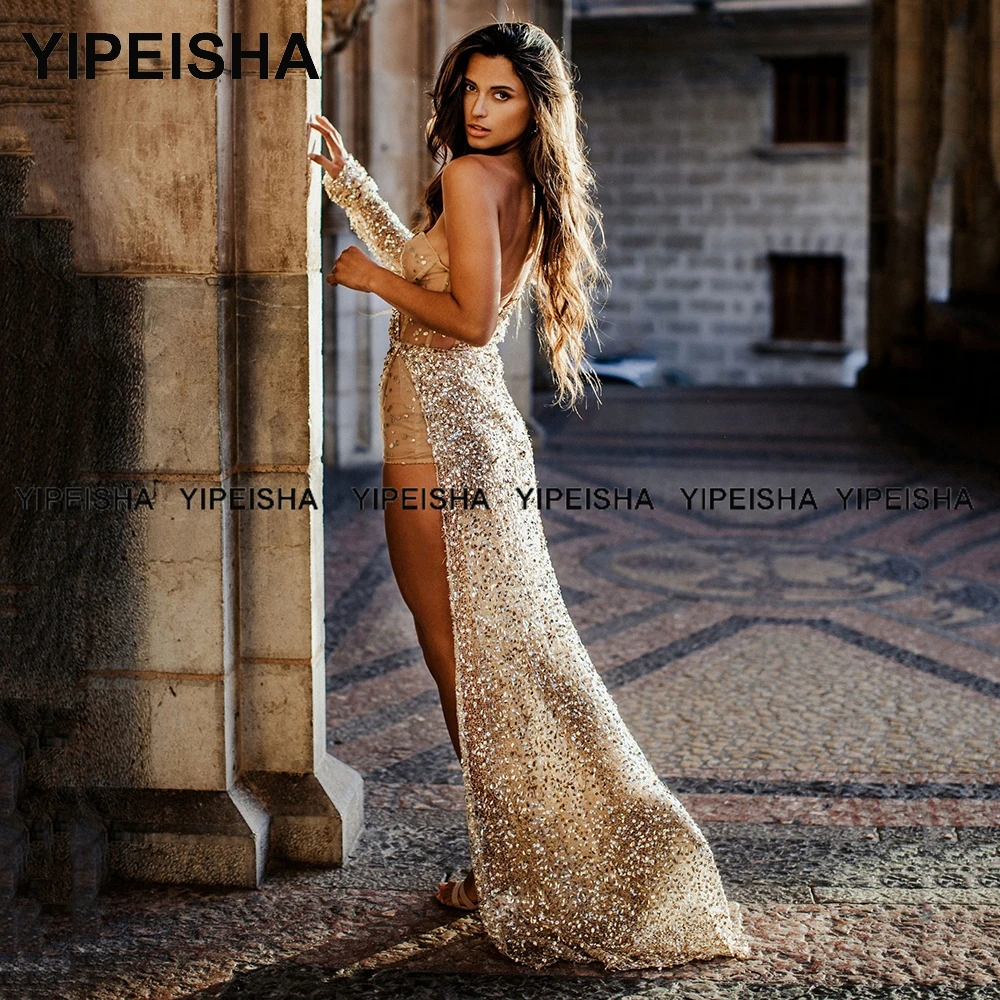 Yipeisha One-Shoulder Glitter ชุดราตรีแขนยาว Mermaid Sequin ชุดราตรี Golden Silver เซ็กซี่ด้านข้างชุดยาว