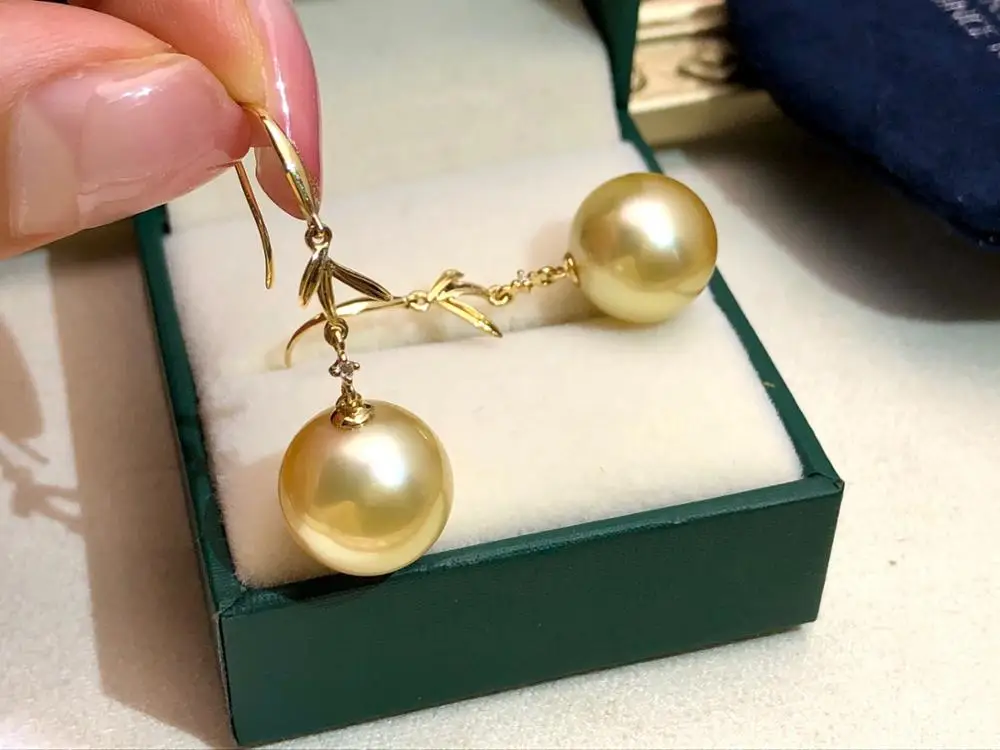 MADALENA SARARA 11-12mm Saltwater Pearl Women Southsea Gold Pearl Earrings 18K Gold Leaf  Style Diamond Prong Setting Earrings