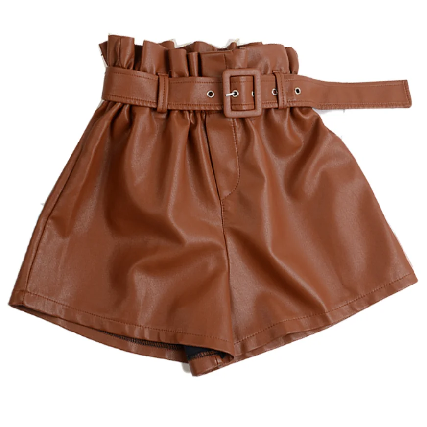 

Spring Autumn Women PU Shorts High Waist Wide leg Ladies Sashes Leather Shorts