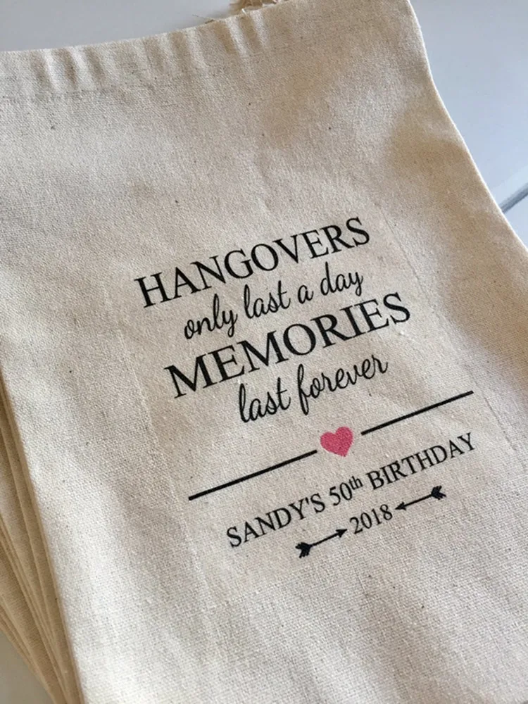 Set of 10 personalize Bachelorette or Birthday Party Survival Kit Favor Bags - Hangovers Only Last a Day, Memories Last Forever