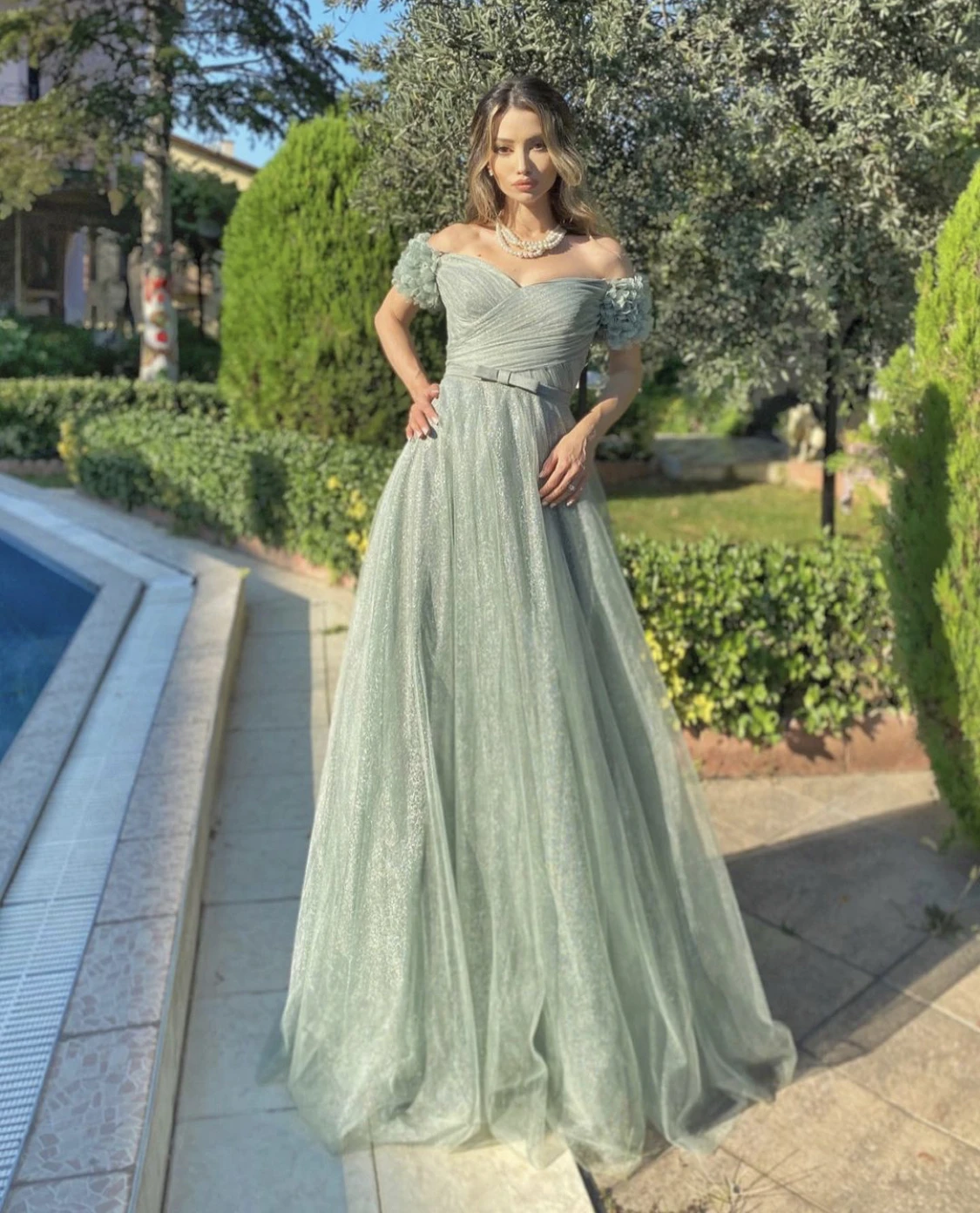 LSYX Sage Green Sparkly Tulle Evening Dress A-Line Sweetheart Off Shoulder Bow Sashes Pleat Floor Length Party Prom Gown